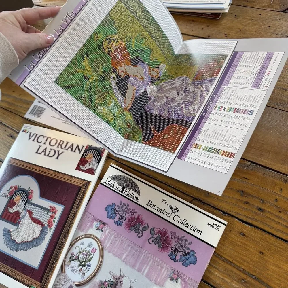 Vtg Cross Stitch Pattern Lot Victorian Lady Renoir Carousel Horse Botanical